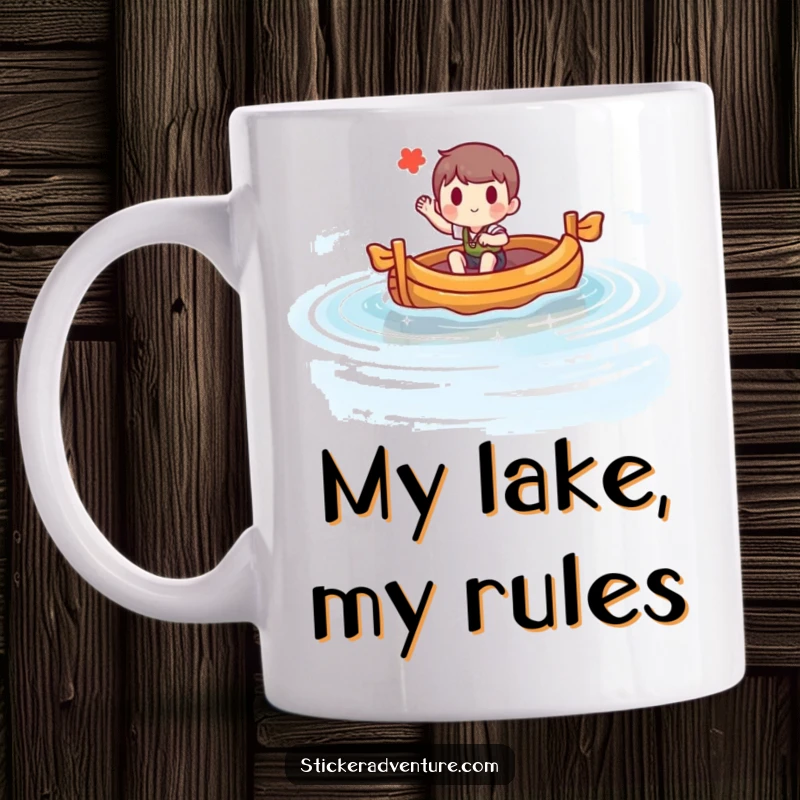 Funny mug with a happy character cheerfully steering a small raft on a sparkling lake, waving hello. Ideal for humor lovers.