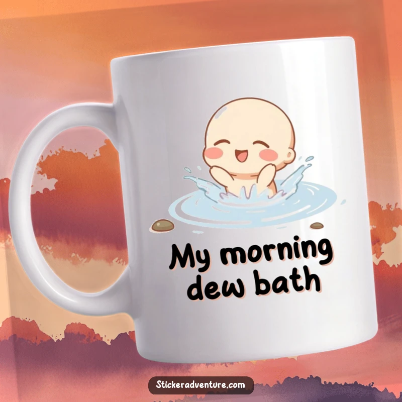 Funny mug with a small character joyfully splashing in shallow water, eyes closed in pure delight, perfect gift for nature lovers.