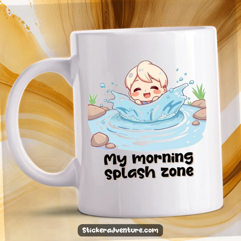 Funny Mug: Character splashing joyfully through a playful river, beaming with pure delight and excitement, embodying carefree fun.
