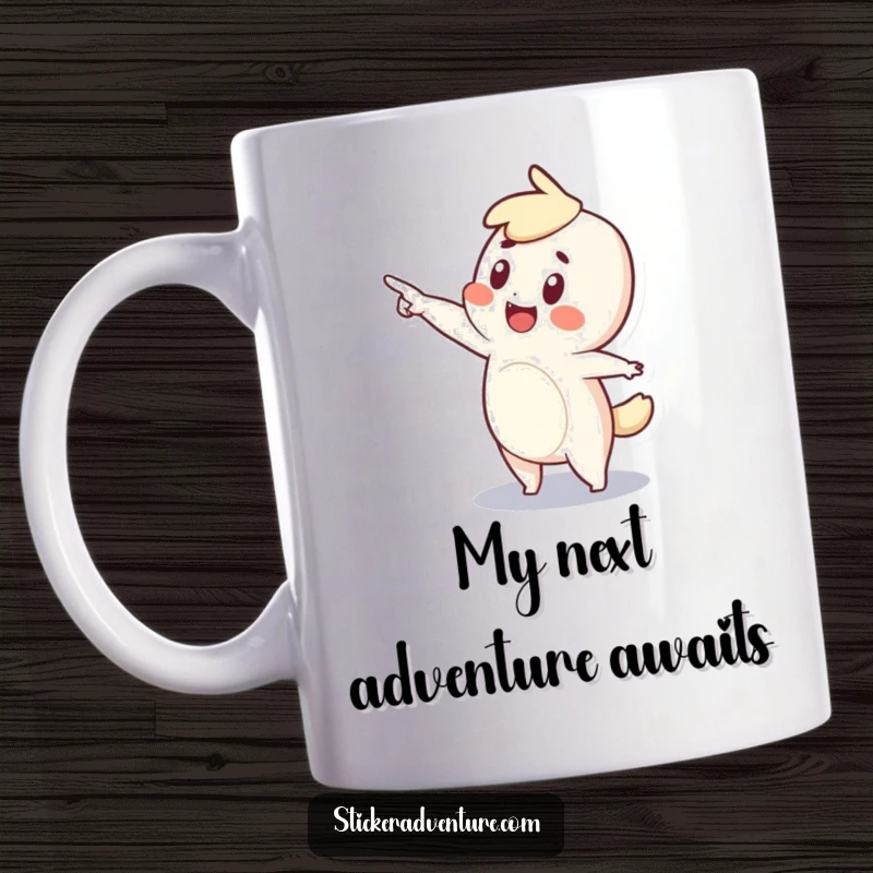Funny mug featuring a tiny character excitedly pointing into the distance with wide-eyed wonder and a huge smile.