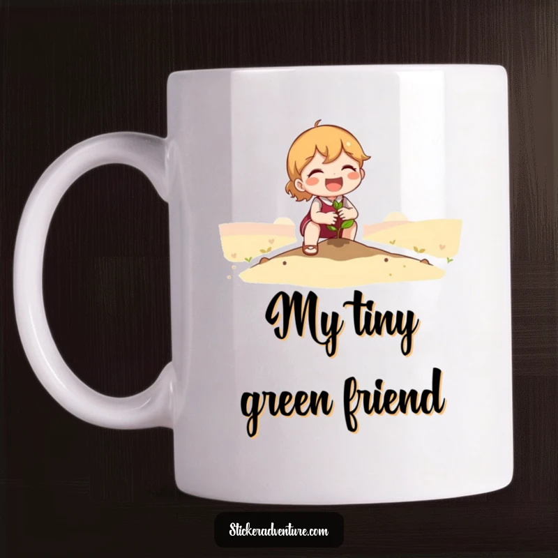 Funny Mug: Cute character happily planting a small seedling in a huge, scenic landscape, symbolizing hope and new beginnings.