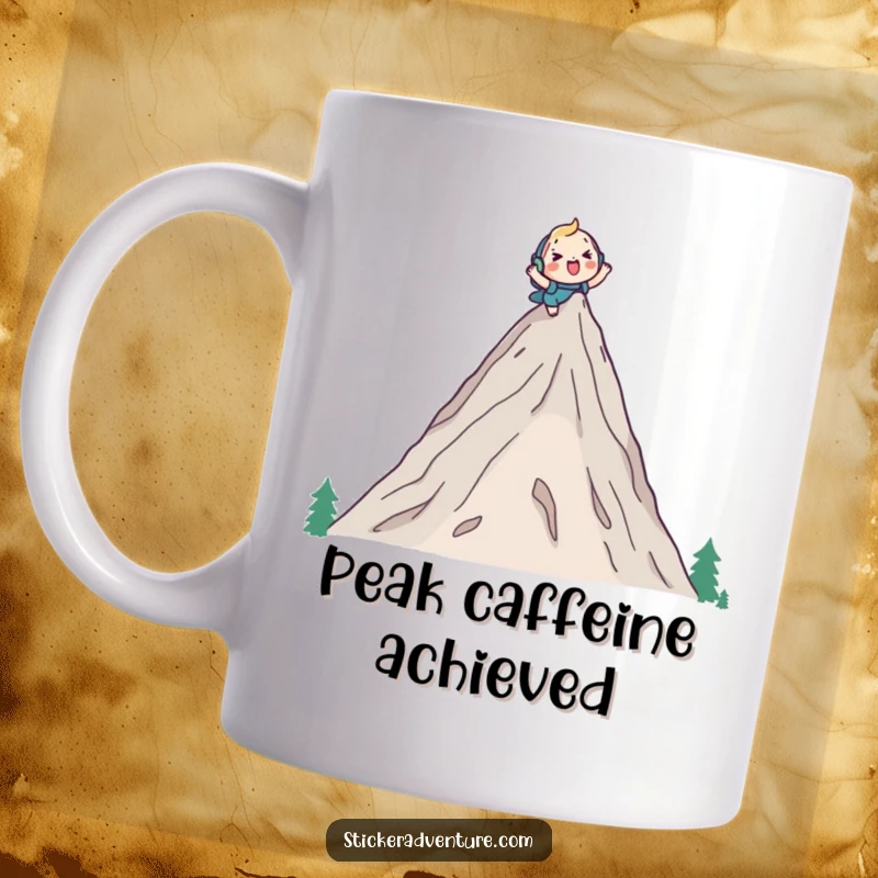 Funny mug showing a cute character cheerfully climbing a tall mountain peak with a backpack, celebrating accomplishment with humor.
