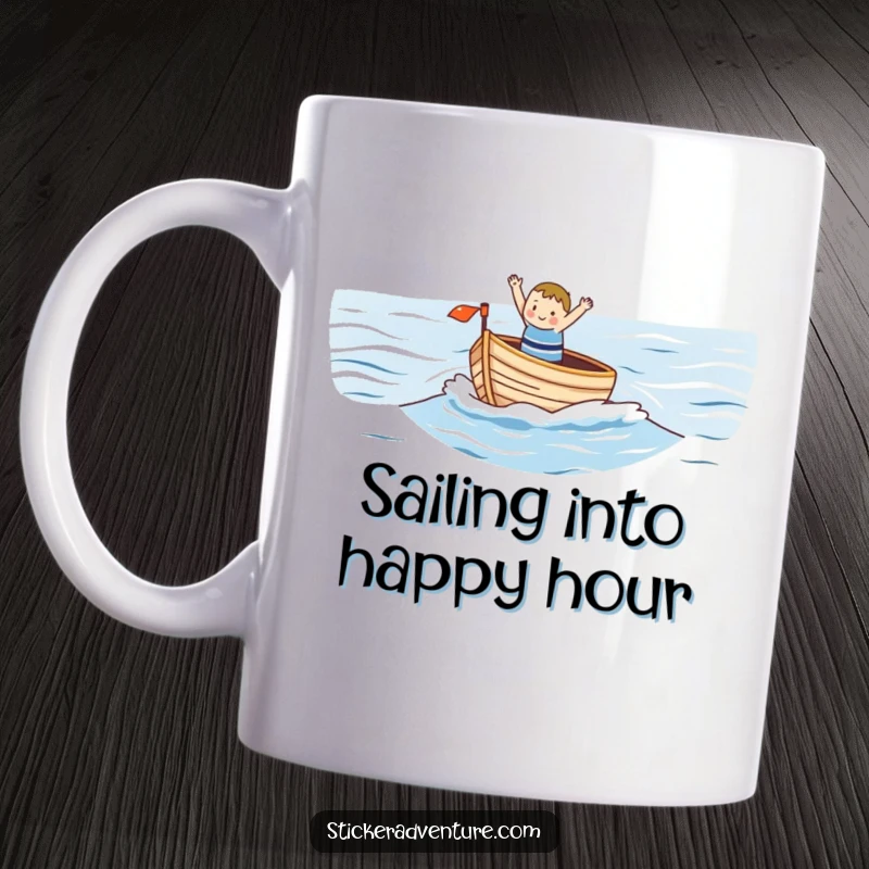 Funny mug showing a small, happy character waving enthusiastically from a small boat on a vast ocean, capturing joyful solitude.