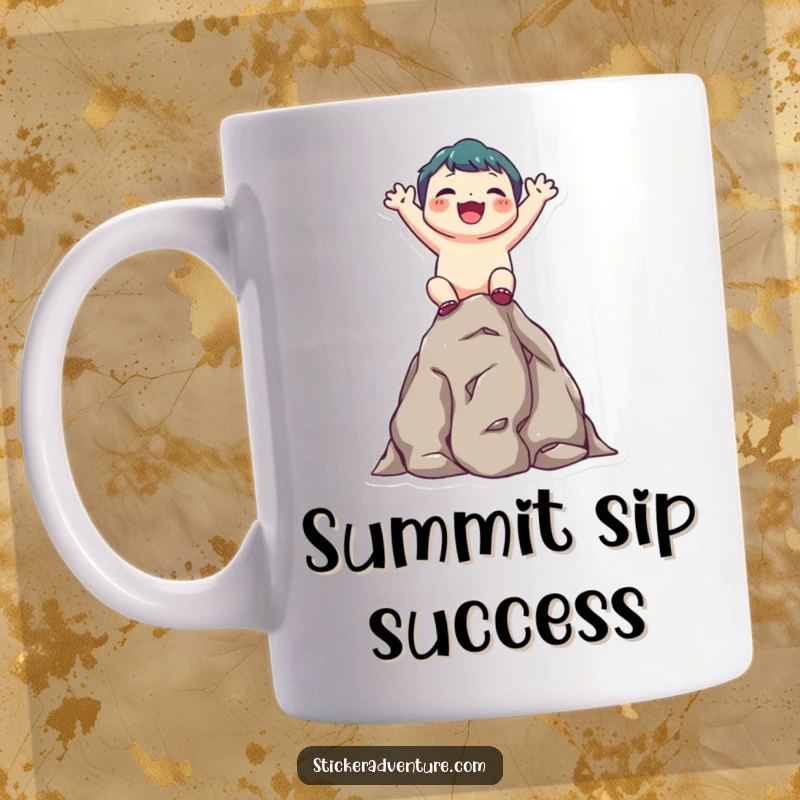 Funny ceramic mug showing a cute character joyfully scaling a small rocky outcrop, beaming with accomplishment.