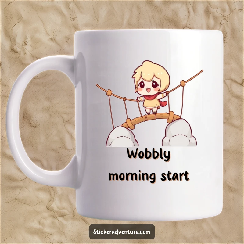 Funny mug showing a character cautiously navigating a rope bridge with a playful, challenged expression, ready for adventure.
