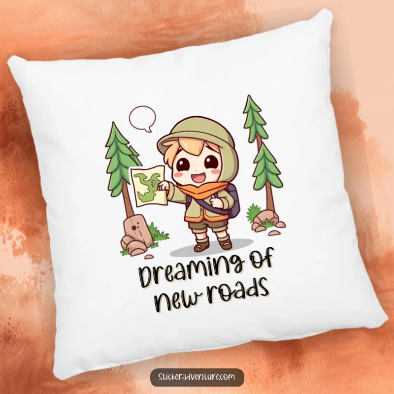Funny Pillow: A cheerful character holds a map, pointing towards an unknown trail, perfect for cozying up.