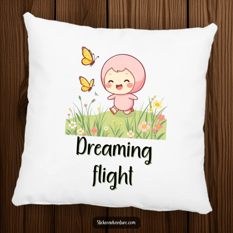 Funny chasing butterfly pillow, showing a smiling character joyfully chasing a fluttering butterfly through a vibrant meadow.