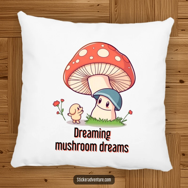 Funny pillow showcasing a whimsical character looking up in pure awe at a massive, colorful, enchanted mushroom.