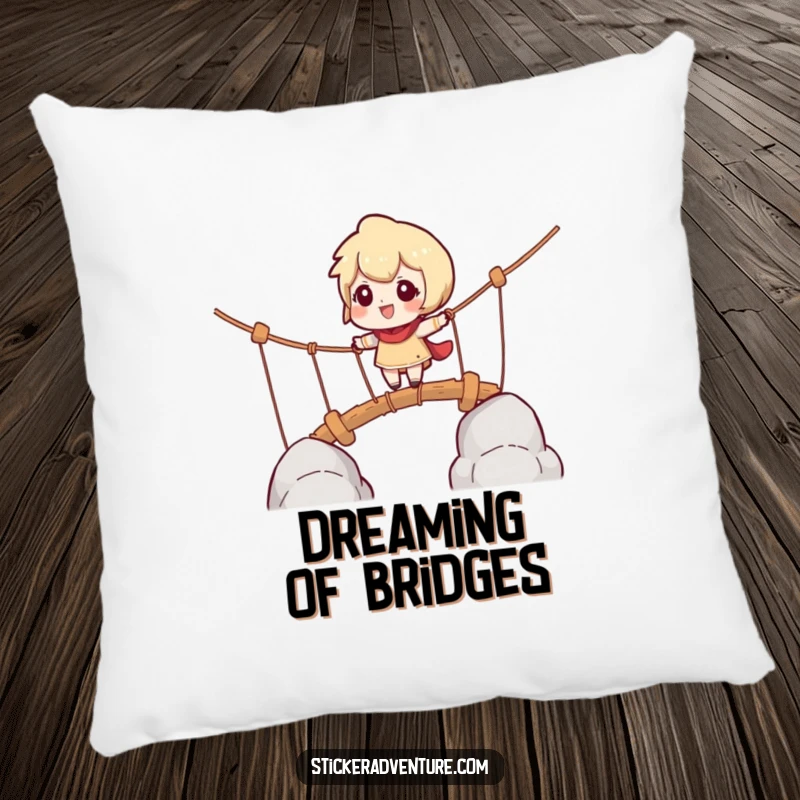 Funny pillow showing a character cautiously navigating a rope bridge with a playful challenge, perfect for a brave soul.