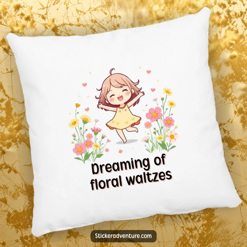 Funny Pillow featuring a cheerful character in a joyful dance surrounded by blooming wildflowers, offering comfort and delight.