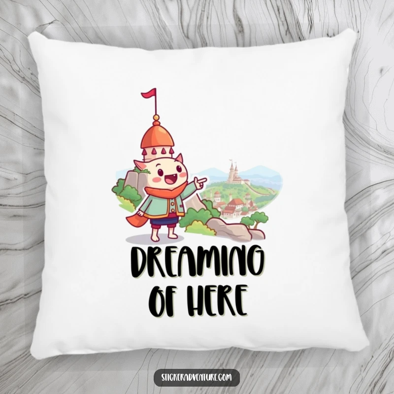Funny pillow with a cheerful character pointing to a magical, distant landmark, providing comfort and a humorous, adventurous touch.