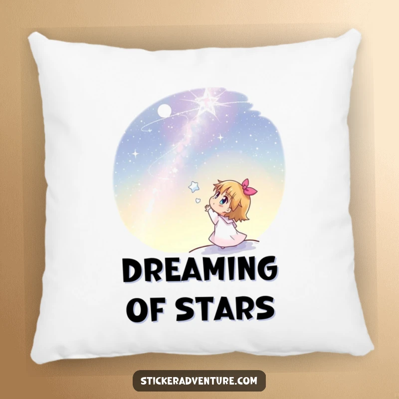 Funny pillow featuring a joyful character looking up in awe at a vast, sparkling starlit night sky.