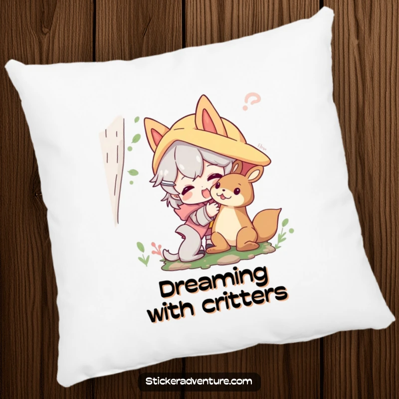 Funny forest friends pillow featuring a character playfully interacting with a friendly forest creature; soft and humorous decor.