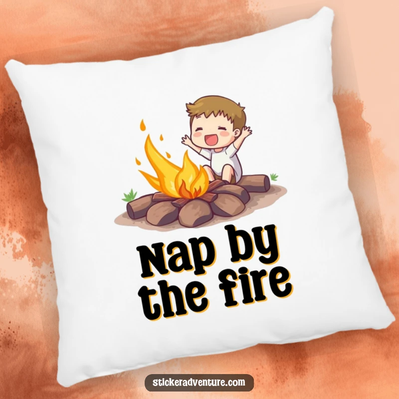 Funny pillow featuring an enthusiastic subject gleefully setting a small campfire ablaze, perfect for cozy spaces.