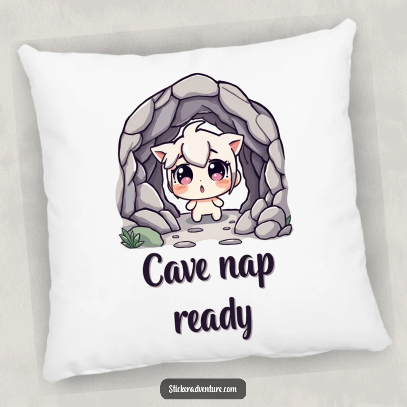 Funny Pillow: Character with wide, surprised eyes discovering a hidden cave entrance, bringing cozy, humorous vibes to any room.