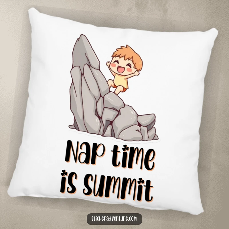 Funny pillow featuring a cute character joyfully scaling a small rocky cliff, bringing a sense of accomplishment and comfort.