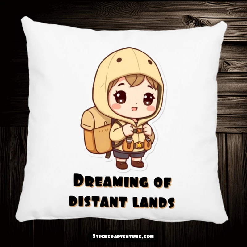 Funny exploration pillow, a character with a backpack, eager for adventure, soft and humorous.