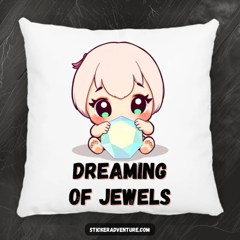 Funny pillow featuring a character's wide-eyed expression of pure awe upon discovering a sparkling, beautiful gem.