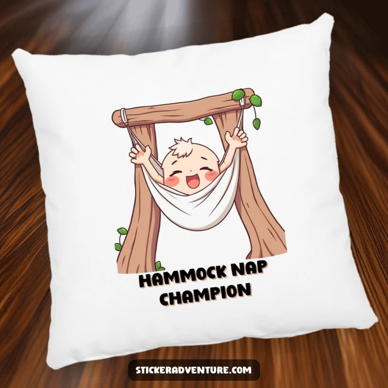 Funny Hammock Pillow, depicting a character happily tangled and flailing arms, offering cozy comfort and carefree vibes.