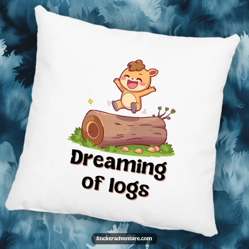Funny character jump pillow showing a character leaping over a log, offering comfort and a humorous, joyful touch.
