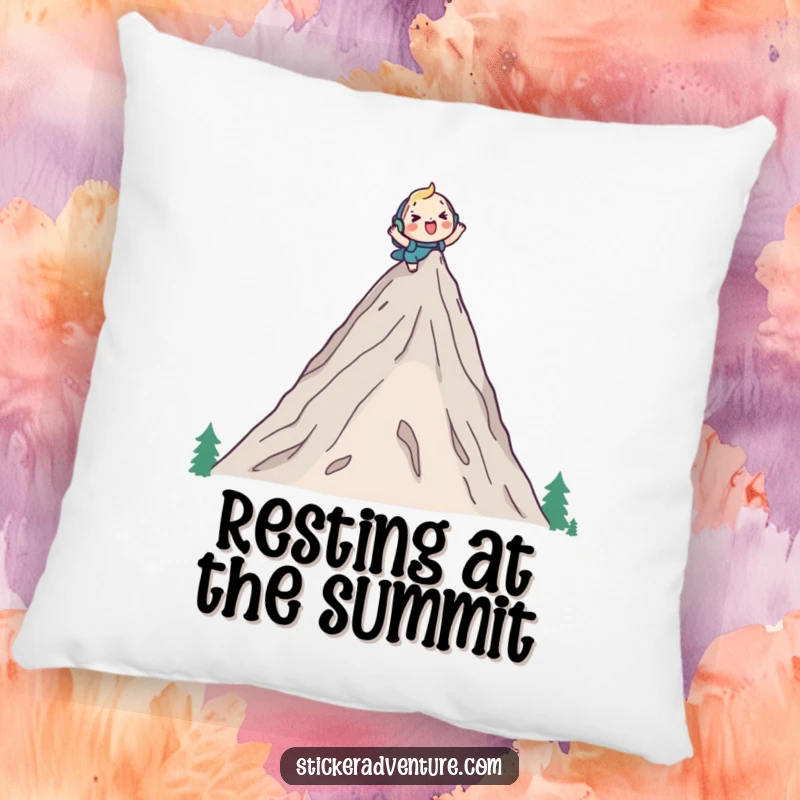 Funny pillow with a cute character cheerfully climbing a tall mountain peak with a backpack, offering comfort and a touch of adventurous humor.