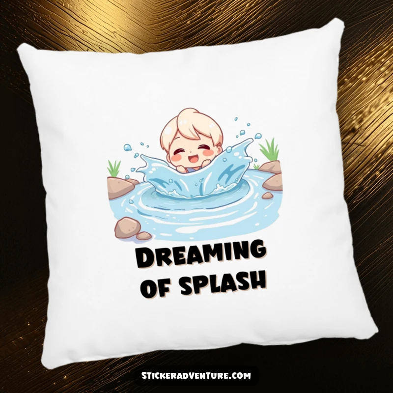 Funny Pillow: Character beaming with delight while splashing in a playful river, bringing cozy, humorous charm to any space.