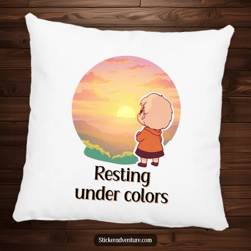 Funny pillow featuring a character looking at a breathtaking sunset with awe and wonder. Comfortable and inspiring humor.
