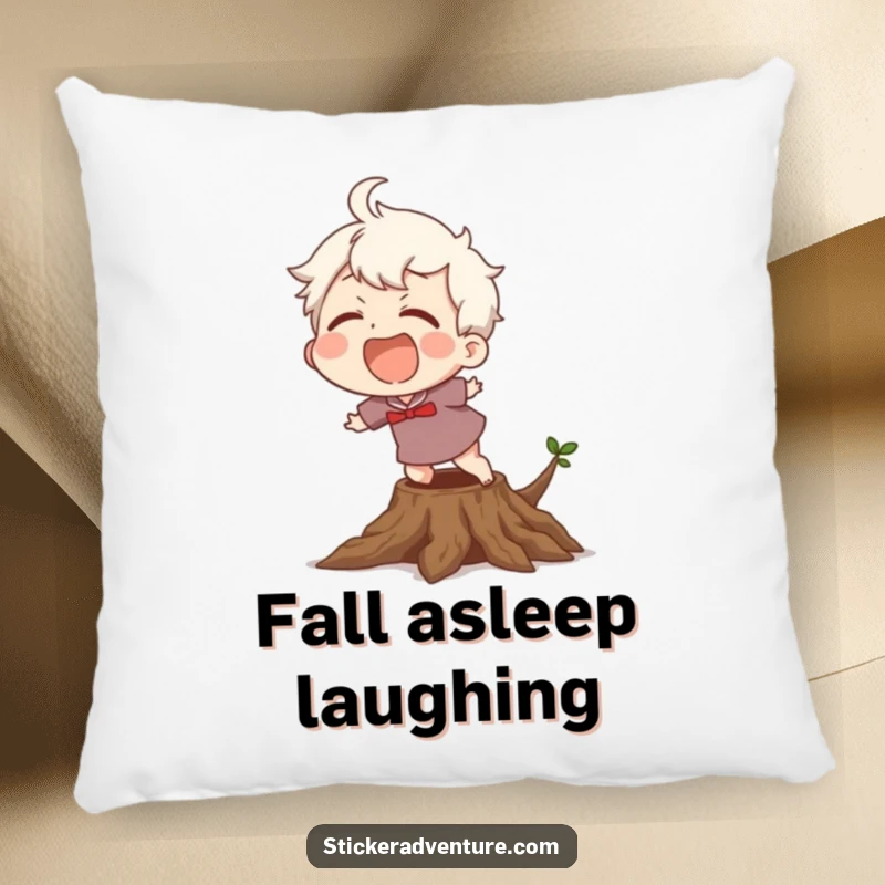 Funny Pillow: A character laughing uncontrollably while stumbling over a tree root, offering comfort and amusement.