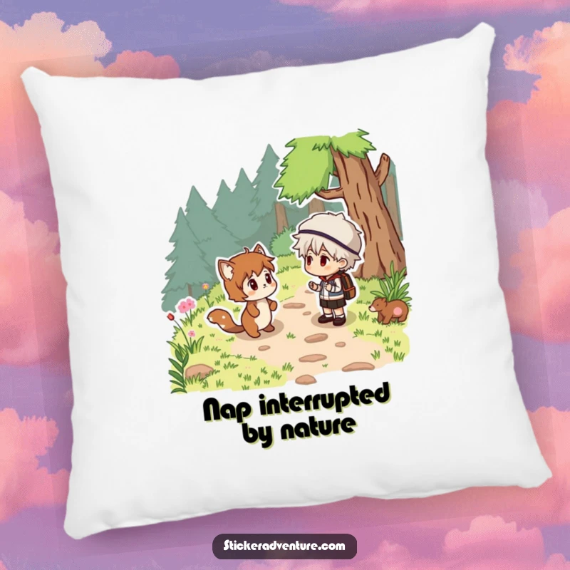 Funny woodland surprise pillow, a hiker meeting a friendly forest animal, soft, humorous, and nature-themed.