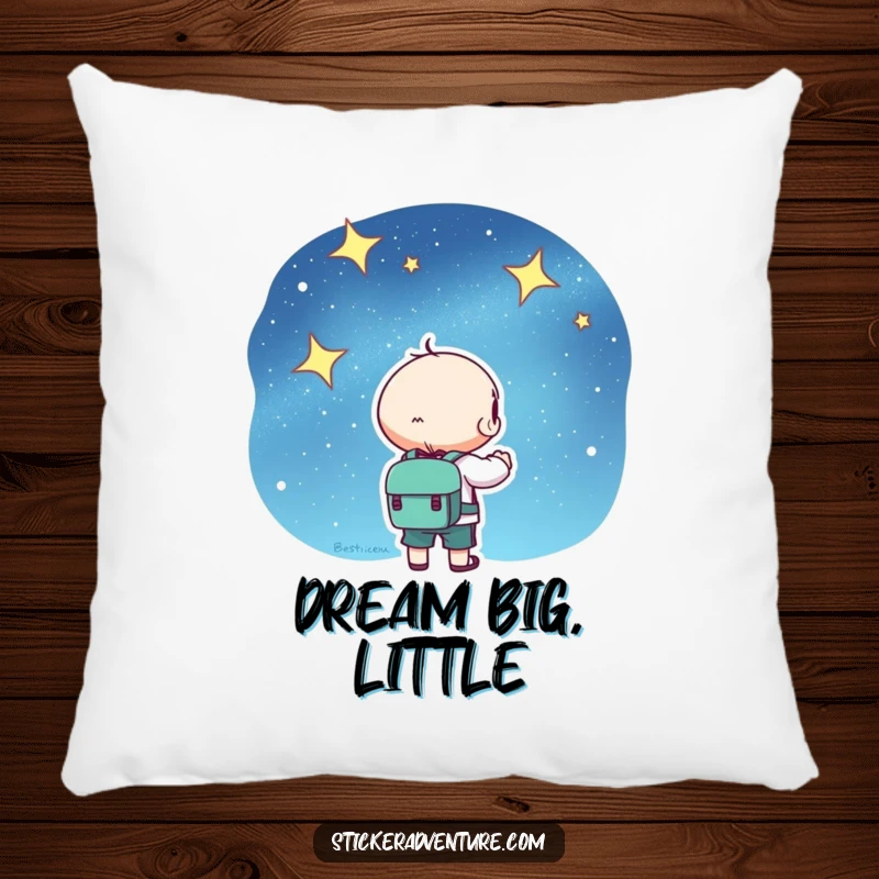 Kawaii pillow design of a cute character with a backpack, looking up at a starry sky, providing comfort and whimsy.