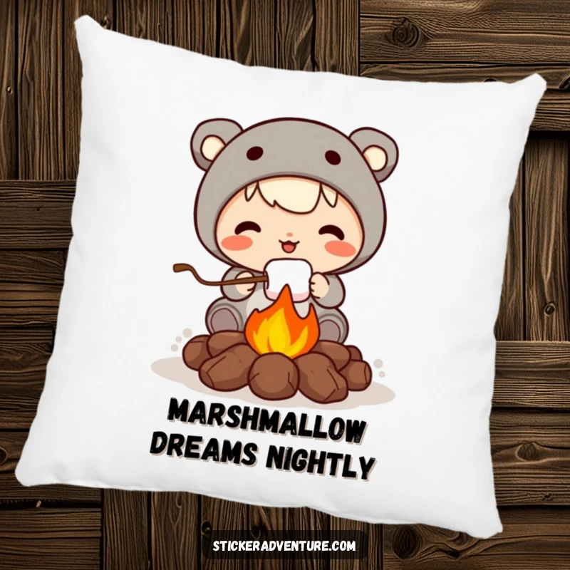 Funny pillow showcasing a cute character roasting a marshmallow over a campfire, offering comfort and humorous, cozy charm.