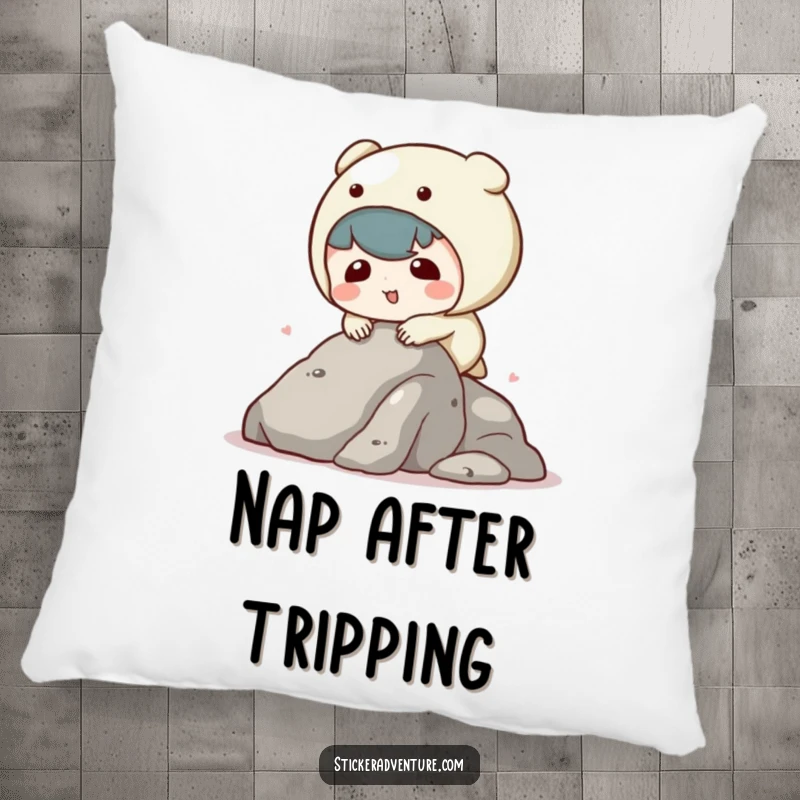 Funny kawaii character tripping pillow showing a character's comical fall while climbing, offering comfort and humor.
