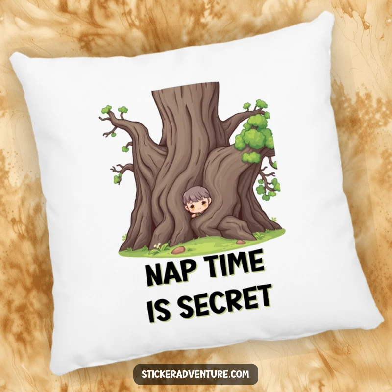 Funny pillow with a character peeking from behind a large ancient tree, offering comfort and a sense of playful mystery.