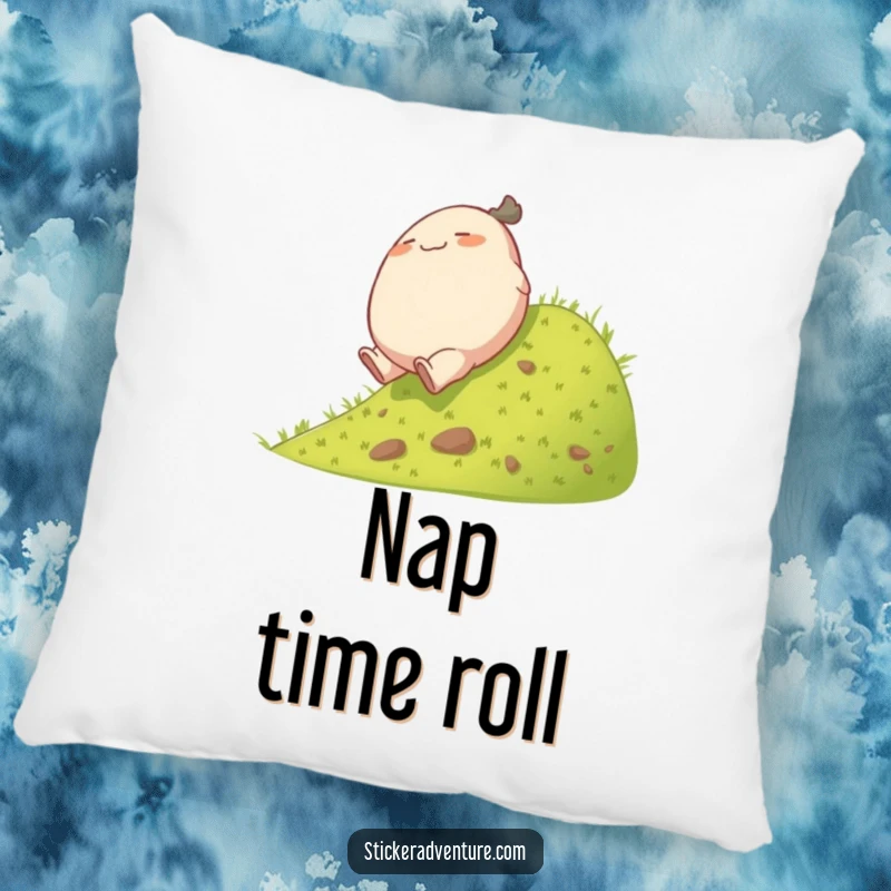 Funny rolling character pillow, showing a plump character enjoying a playful tumble down a grassy hill, soft and amusing.