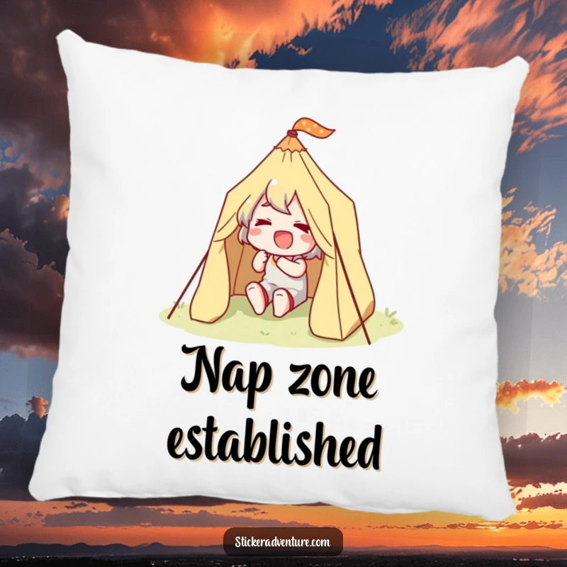 Funny Happy Camper Pillow: A soft pillow featuring a character happily setting up a tiny tent.