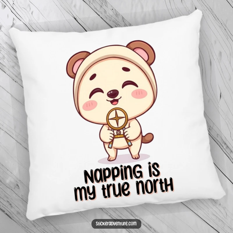 Funny Pillow: Character balancing a compass on their nose with a look of clumsy delight, perfect for a humorous touch.