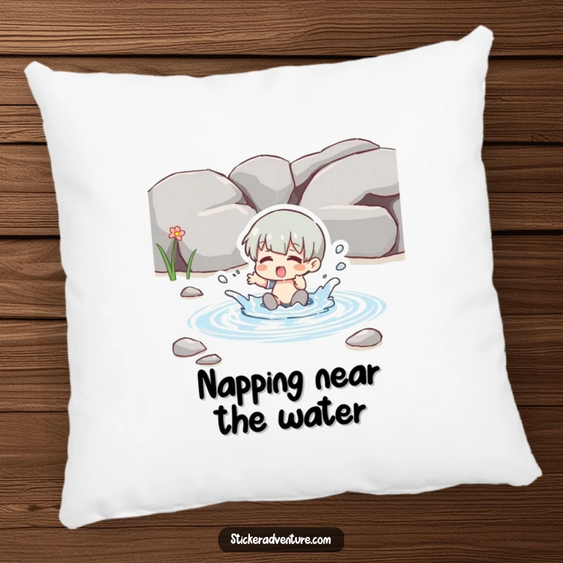 Funny splashing stream pillow, a character playfully splashing in a clear stream, soft and humorous.
