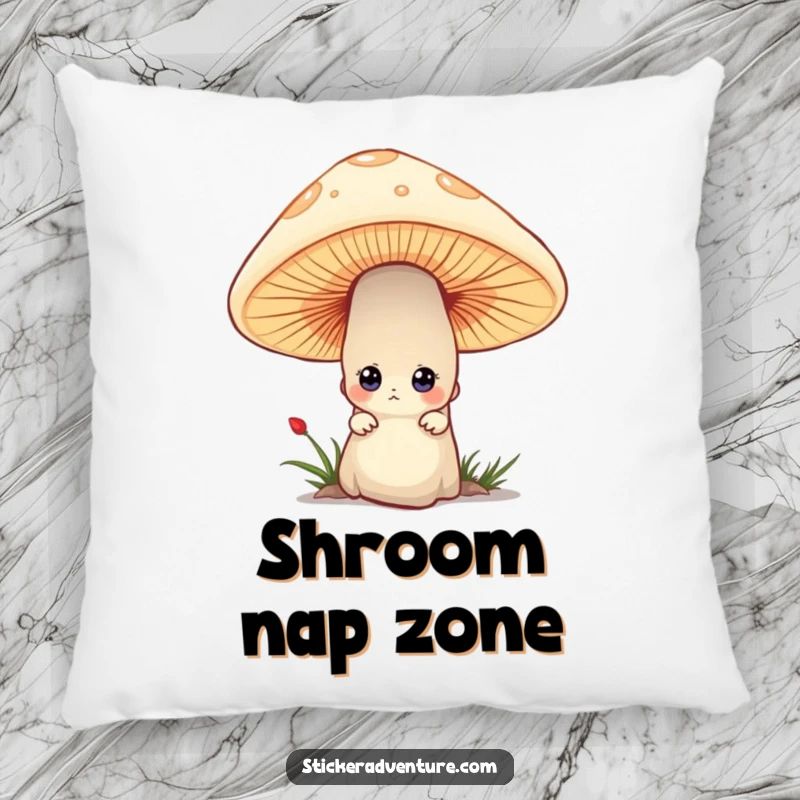 Funny pillow featuring a tiny character peeking from behind a large mushroom with curious eyes, offering a soft touch of mystery.