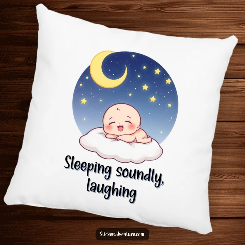 Funny being pillow: a tiny, cute character laughs softly while sleeping under a serene, starry night sky, soft and comforting.