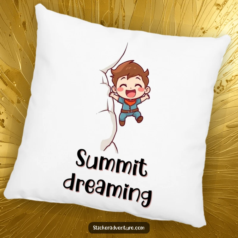 Funny Pillow: A determined character smiling while scaling a cliff face, providing comfort and a whimsical touch.