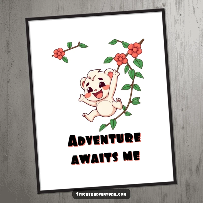 Funny digital art print of a joyful character with a determined expression swinging from a vine, capturing thrilling motion and fun.