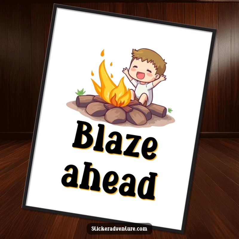 Funny digital art print of an enthusiastic subject joyfully setting a small campfire ablaze, full of energy.