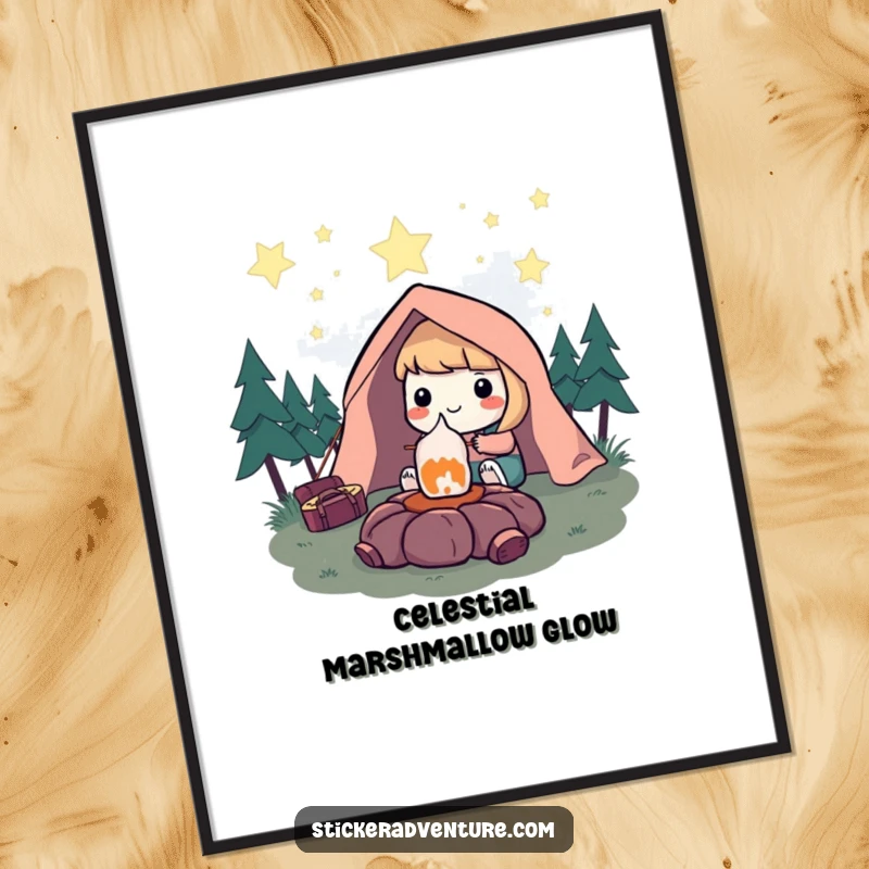 Funny Digital Art Print: Character happily roasting a marshmallow under a starry sky, depicting peaceful, humorous camping bliss.