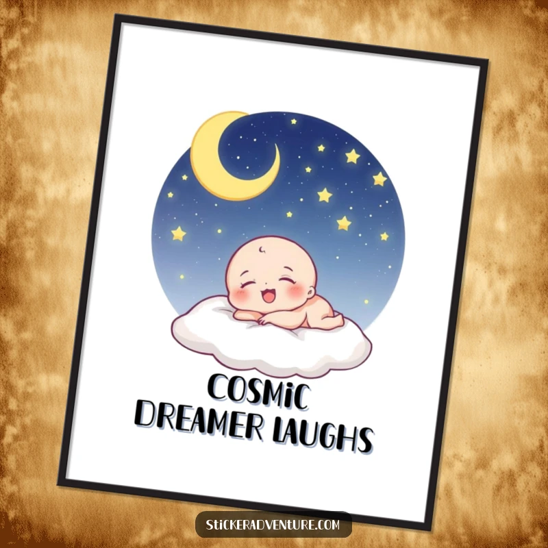 Funny being digital print: a tiny, cute character laughs while sleeping under a starry night sky, wall art for dreamers.