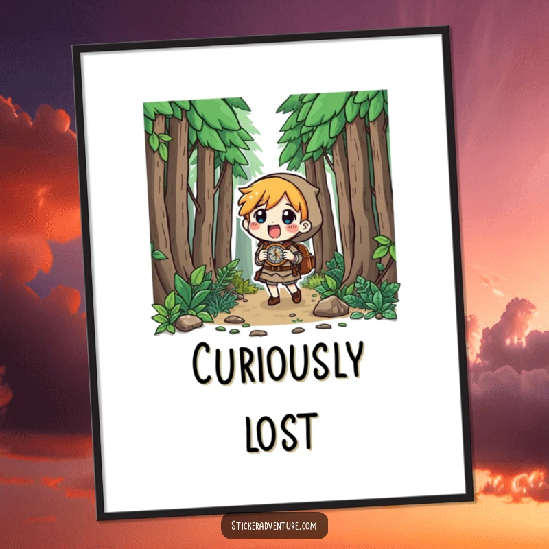 Funny character excitedly navigating a dense forest with a compass, curious look, instant download funny gift art.