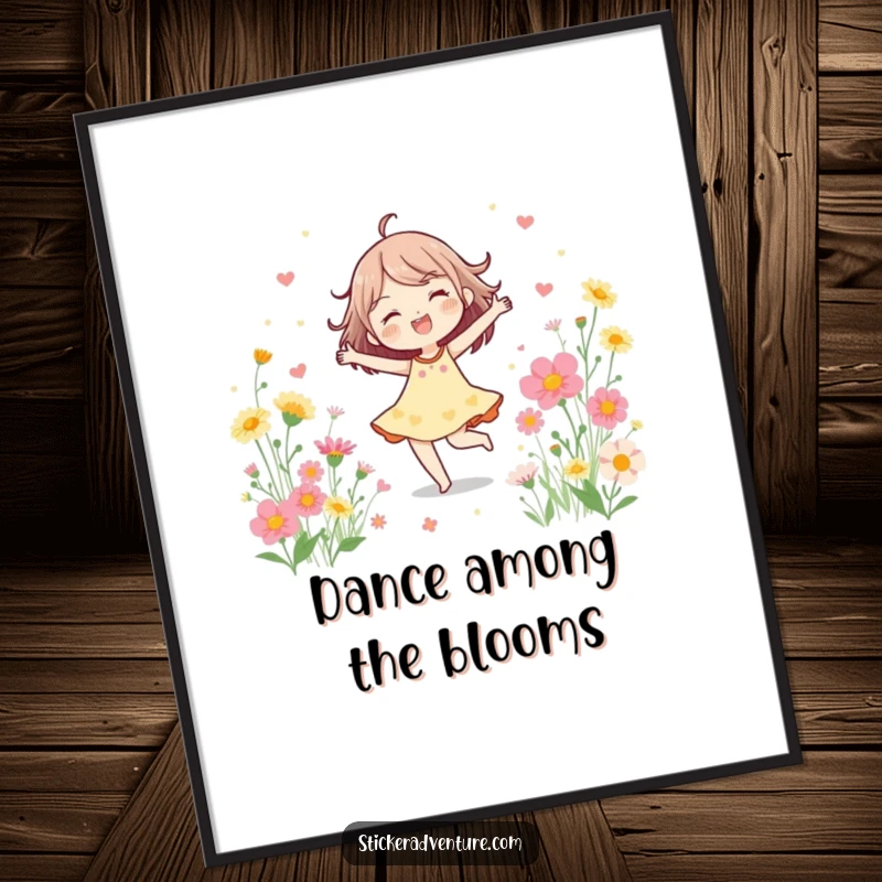 Funny Digital Art Print of a cheerful character joyfully dancing surrounded by vibrant blooming wildflowers, perfect for immediate joyful decor.