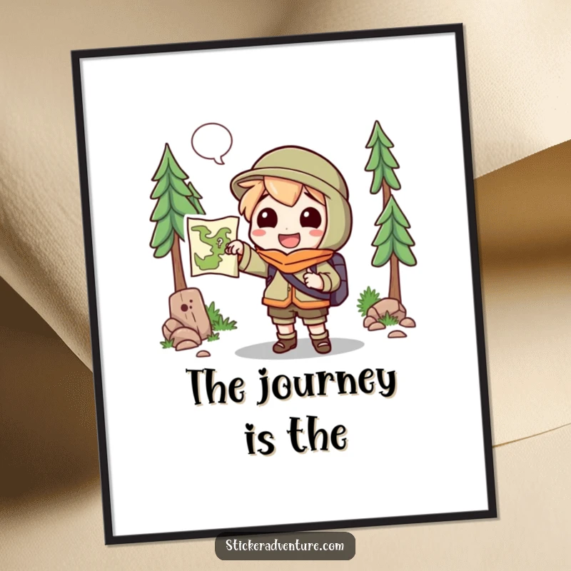 Digital Art Print: Funny cheerful character holding a map, pointing towards an unknown trail, inspiring wanderlust.