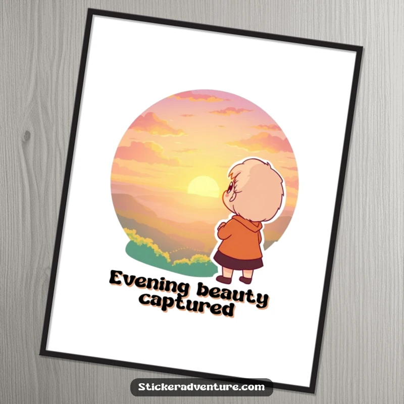 Funny digital art print of a character gazing in awe at a breathtaking sunset. Beautiful and humorous wall decor.