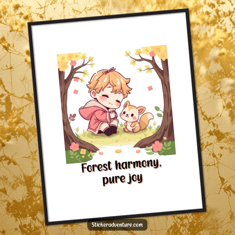 Funny digital art print of a character playfully interacting with a curious woodland creature. Charming and humorous wall decor.