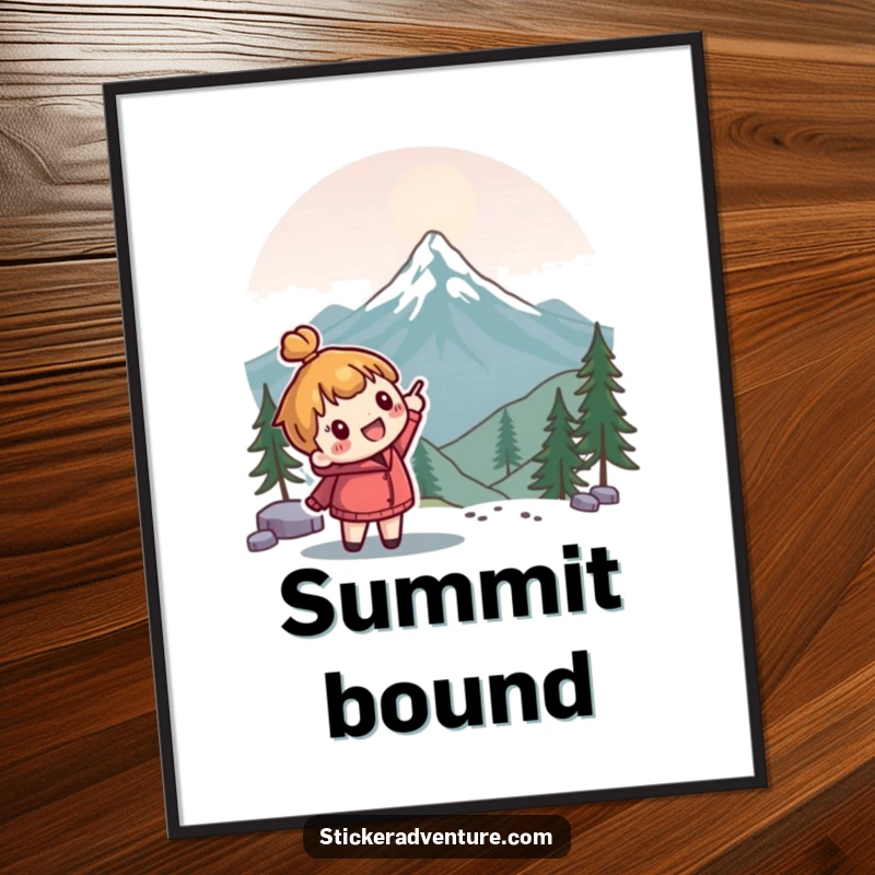 Funny adventure digital art print of a cute character enthusiastically pointing towards a mountain peak; instant humorous decor.